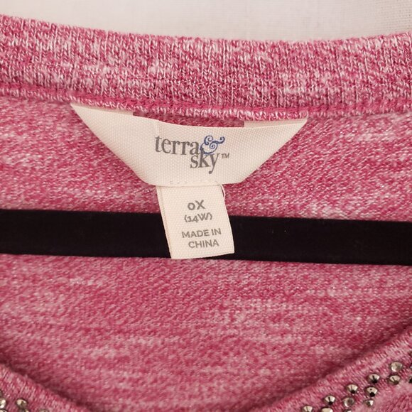 Terra & Sky Pink 3/4 Unique Sleeves Beaded V Neck Blouse Plus Size 0X (14w) - Picture 2 of 15